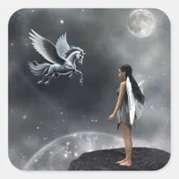 Pretty Winged Fairy and Flying Horse Square Sticker