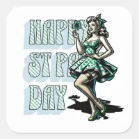 Happy St Patrick's Day Pinup Girl with Shamrock Square Sticker