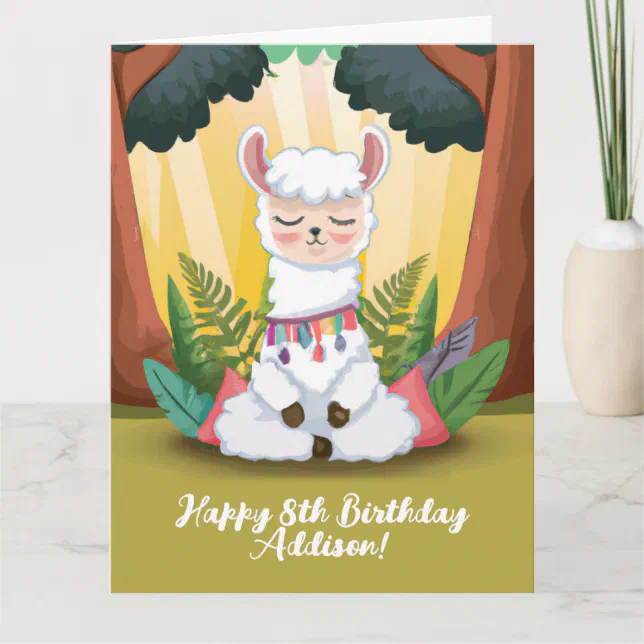 Cute Llama Meditating in Magical Forest Birthday Card