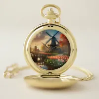 Windmill in Dutch Countryside by River with Tulips Pocket Watch