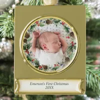 Elegant Baby’s First Christmas Photo Wreath Gold Plated Banner Ornament