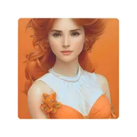 Gorgeous Long Haired Woman in Orange Fashion Model Metal Print