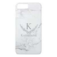 Monogram on Marble with Elegant Silver Wreath iPhone 8 Plus/7 Plus Case