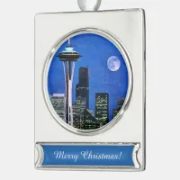 Blue Seattle Skyline Silver Plated Banner Ornament