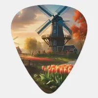 Windmill in Dutch Countryside by River with Tulips Guitar Pick