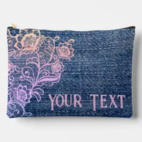 Girly and Cute Faux Denim and Pink Lace Floral  Accessory Pouch