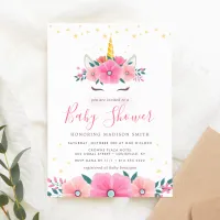 Watercolor Unicorn Face Floral Stars Baby Shower Invitation