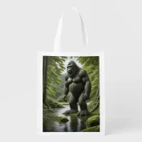 Bigfoot standing in a Creek Cartoon  Grocery Bag