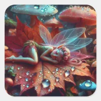 Little Whimsical Fairy Sleeping on a Leaf Square Sticker