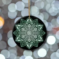 Green Snowflake on black Ceramic Ornament