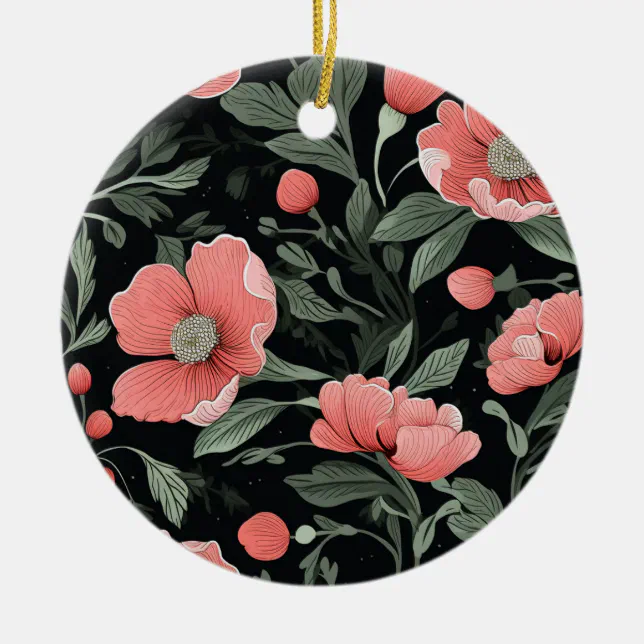 Floral Pattern Green Oak Leaves and Pink Flowers  Ceramic Ornament