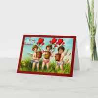 Vintage Valentine Cupids Holding Red Heart Plants Holiday Card