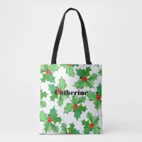 Holly Leaves, Berries, Red, Green Floral Christmas Tote Bag