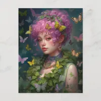 Purple Hair Ivy and Butterflys Woman Postcard