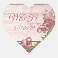 Initials and Wedding Date Vintage Rose and Wood Heart Sticker