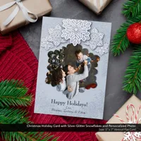 Christmas Silver Glitter Snowflake Photo Holiday Card