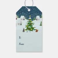 Christmas snow village with christmas tree gift tags