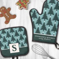 Christmas Tree Pattern Blue Green Monogrammed Oven Mitt & Pot Holder Set