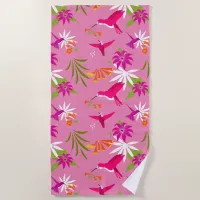 Pink Hummingbirds and Flowers Tropical Bird Beach Towel