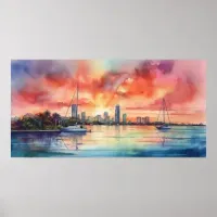 Watercolor sunset over Miami from Biscayne Bay