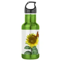 Pretty Yellow Sunflower and Orange Butterfly Stainless Steel Water Bottle