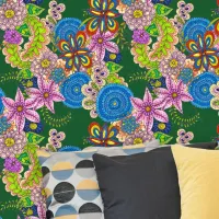 Vibrant Bohemian Folk Art Hand-Drawn Floral Wallpaper