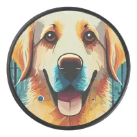 Happy Golden Retriever Hockey Puck