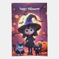 Cute little witch with cats and pumpkins, custom  kitchen towel