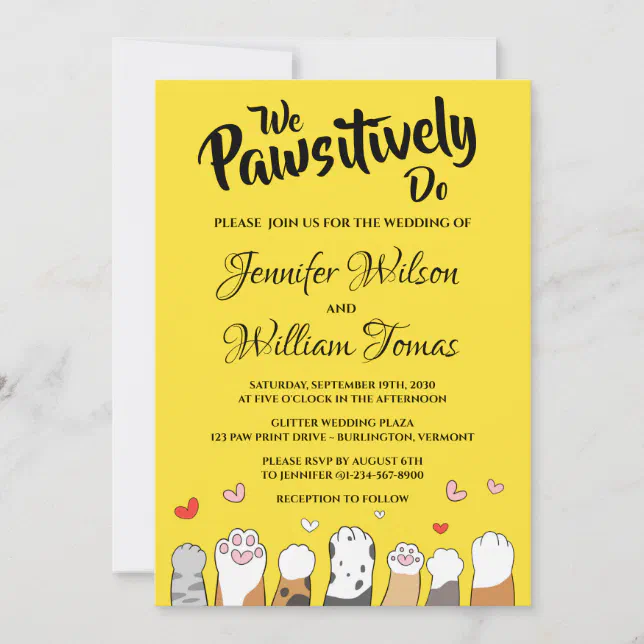 Yellow Cute Cat Paw Print Wedding Invitation