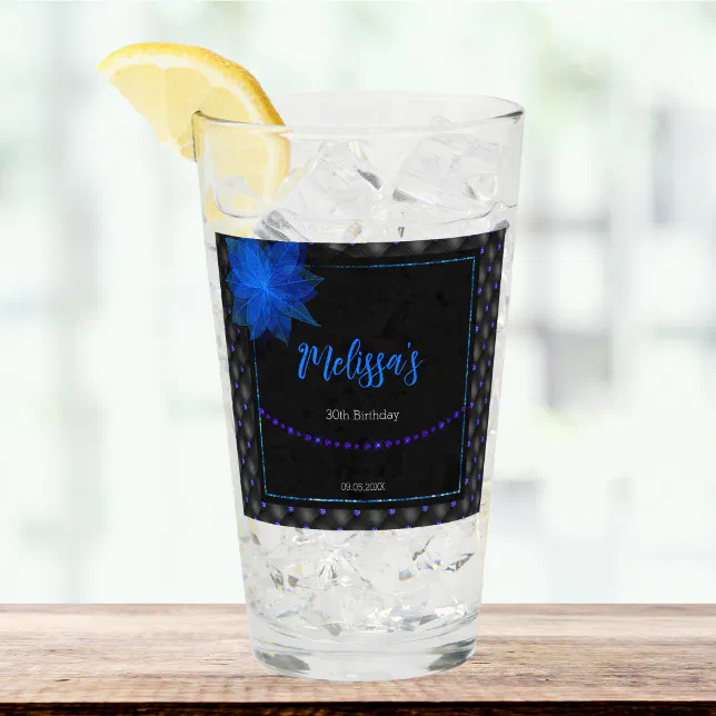 Elegant Black and Blue Birthday Glass