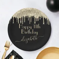 Custom Name + Age Black and Gold Dripping Glitter Paper Plates