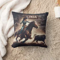 Rodeo Cowboy Roping Cattle in Western Arena Throw Pillow