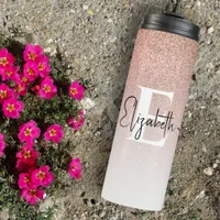 Girly Rose Gold Glitter Blush Monogram Script Name Thermal Tumbler