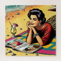 Retro Lady at Beach Daydreaming about Fashion Jigsaw Puzzle