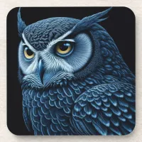 Blue and Black Serious Owl  Beverage Coaster