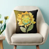 Sunflower Happy Birthday Girl Black Throw Pillow