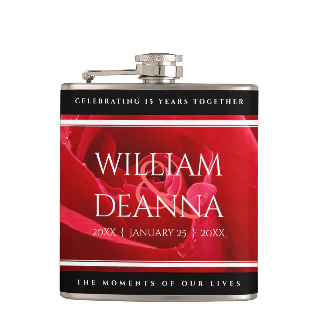 Elegant 15th 26th 36th Rose Wedding Anniversary Flask