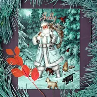 Vintage Aqua Blue Santa Claus Christmas Woods Holiday Postcard