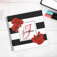 Red Poppies on Black & White Striped Background Notebook