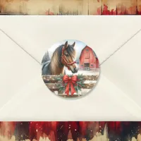 Festive Horse and Red Rustic Barn Christmas Classic Round Sticker