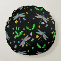 Whimsical Dragonflies and Dandelions Hand Drawn Round Pillow
