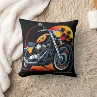 Fiery motorcycle against a tropical sunset skyline throw pillow