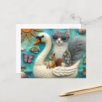 Squirrel and cat on Floating Woolen Swan Funny  Postcard