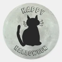 Happy Halloween Black Cat and Full Moon Classic Round Sticker