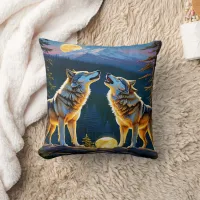 Wolves Howling Under Full Moon.  Throw Pillow