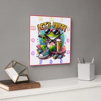 Fun-loving frog skateboarder ready to celebrate square wall clock