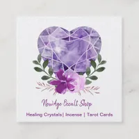 New Age Occult Shop Amethyst Heart Floral Square Business Card