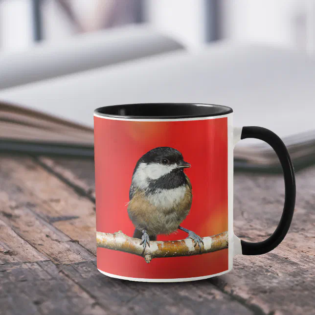 Cute Black-Capped Chickadee with Red Autumn Leaves Mug