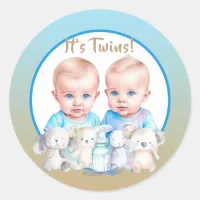 Twin Boy's Baby Shower Watercolor Animals Classic Round Sticker