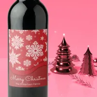Christmas Festive White Winter Snowflakes On A Red Wine Label